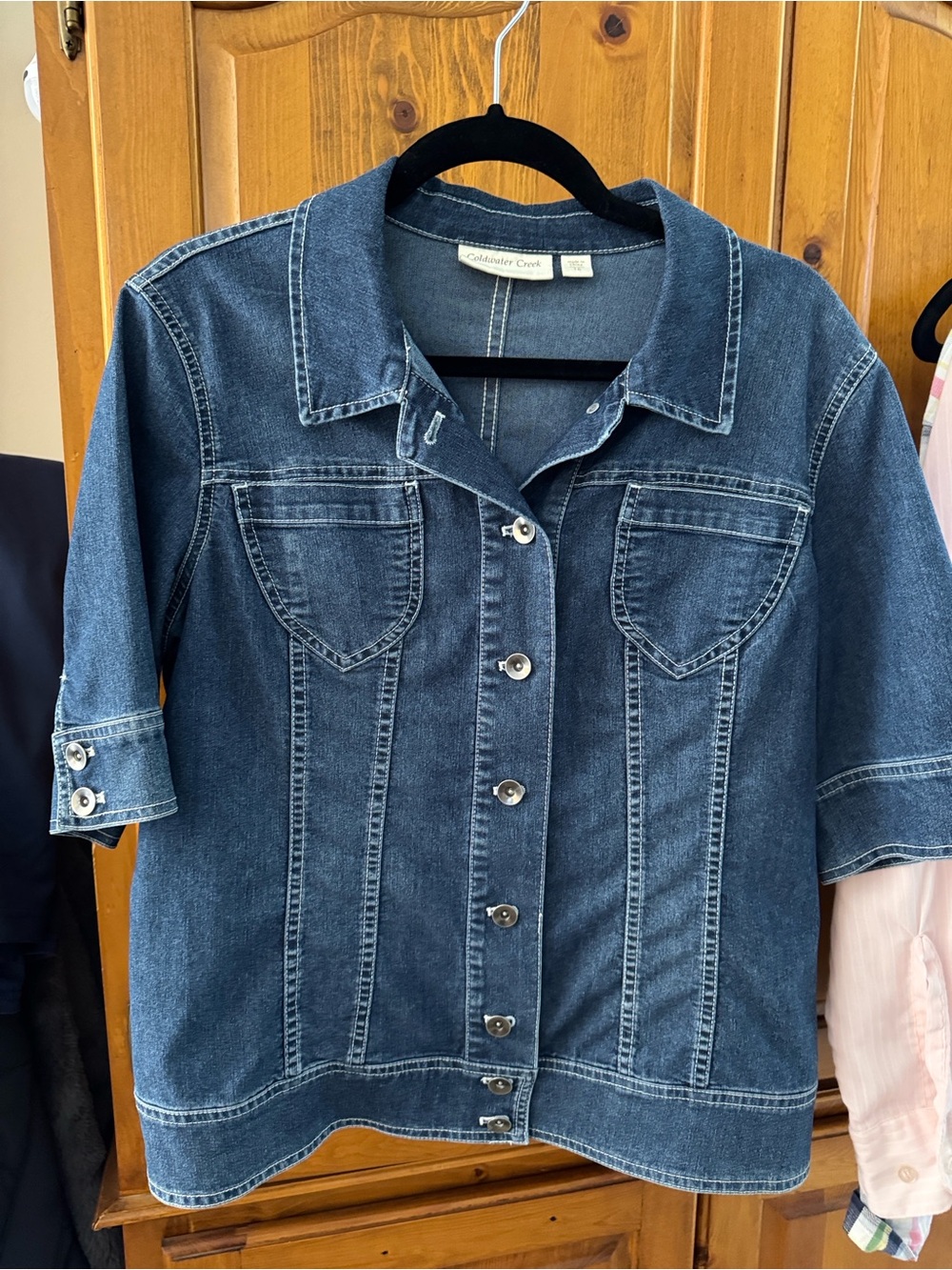 Coldwater Creek Women's Medium Blue Denim Jacket with Three-Quarter Sleeves